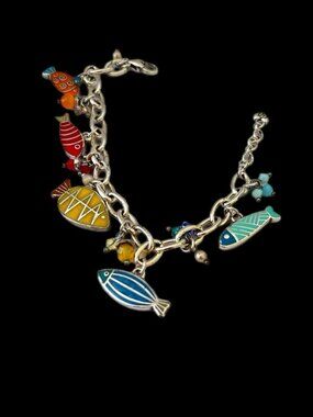 Brighton Retired HTF Fish Charm Bracelet Silver Colorful Enamel Crystals.
